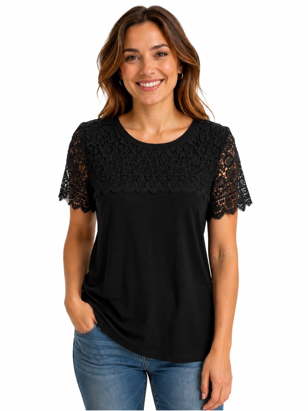 Adrianna Papell Black Top Shirt Lace Sleeves And Neckline Overlay Women’s Large